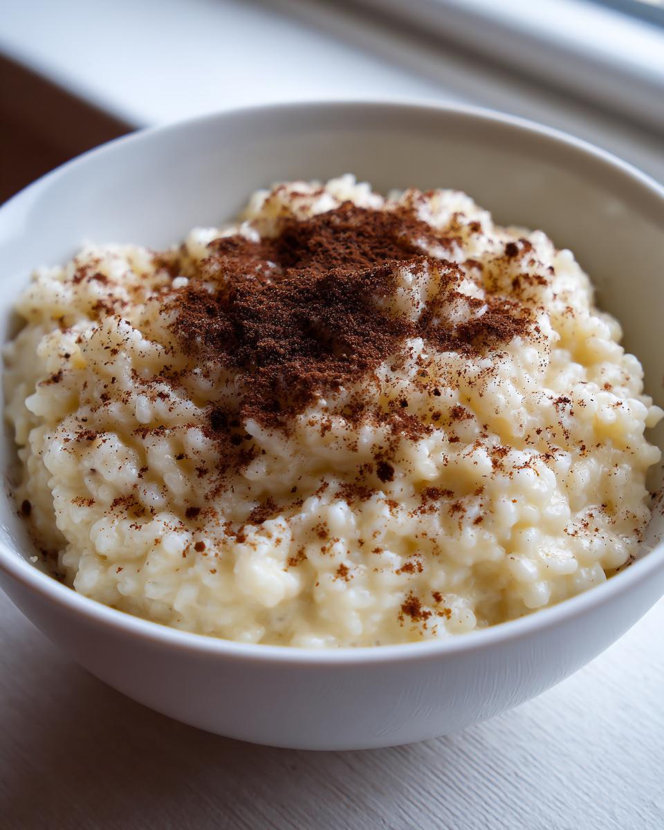 Close-up of creamy rice pudding in a white bowl, generously topped with ground cinnamon.