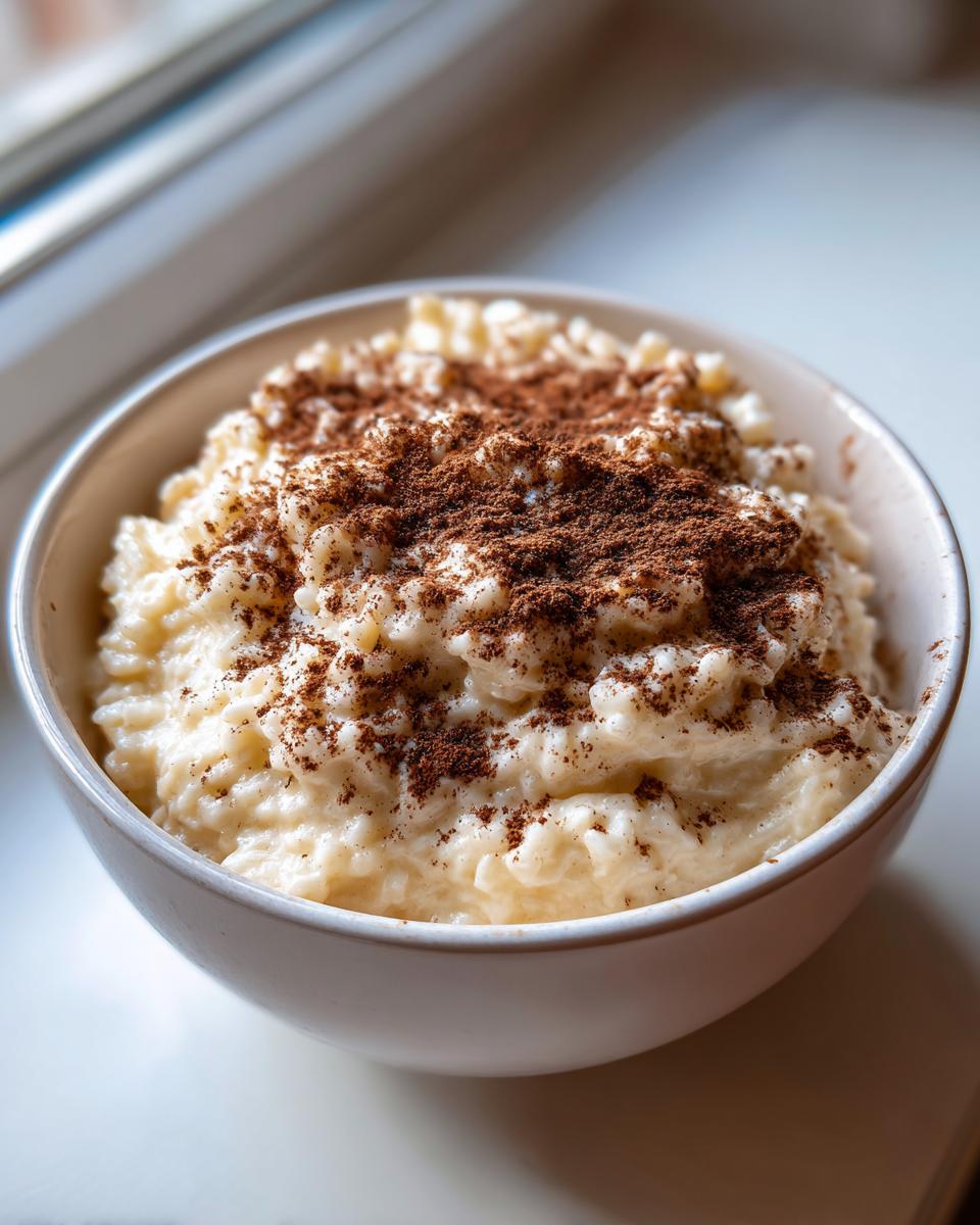 Close-up of creamy rice pudding in a white bowl, generously dusted with cinnamon.