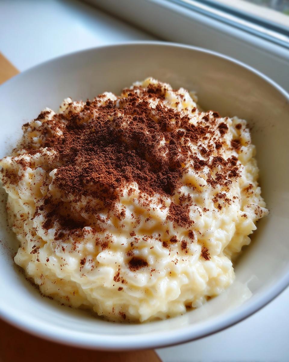 A close-up of creamy rice pudding topped generously with dark cocoa powder in a white bowl.