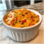 Close-up of warm, cheesy rotel dip with visible red peppers and green herbs in a white serving ramekin.