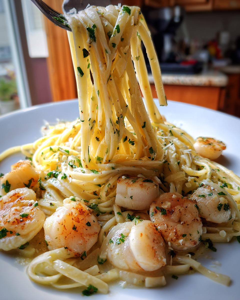 Close-up of linguine being lifted from a plate of creamy seafood pasta topped with perfectly seared scallops and parsley.