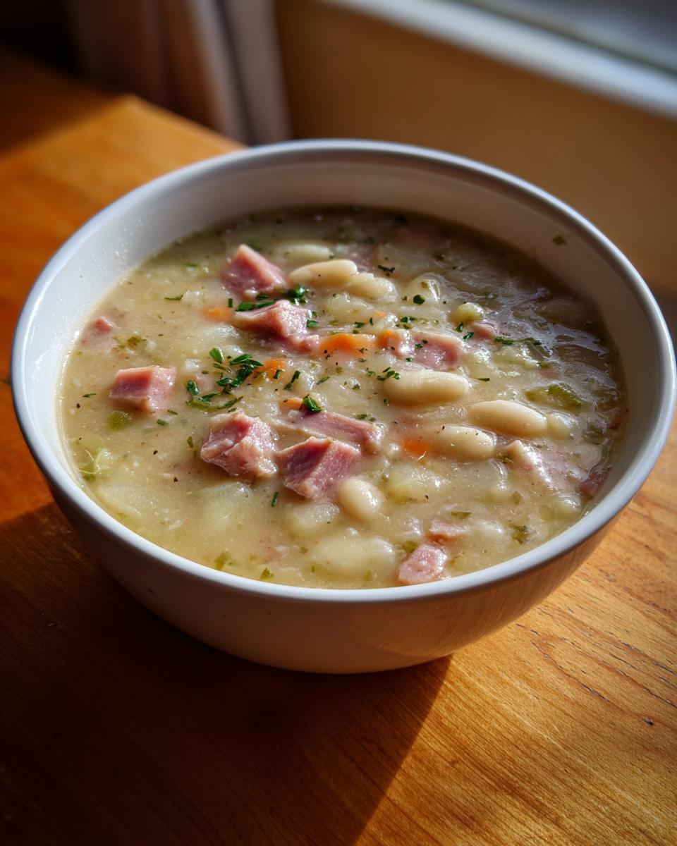 Close-up of a creamy white bean and ham soup, garnished with herbs, served in a white bowl.