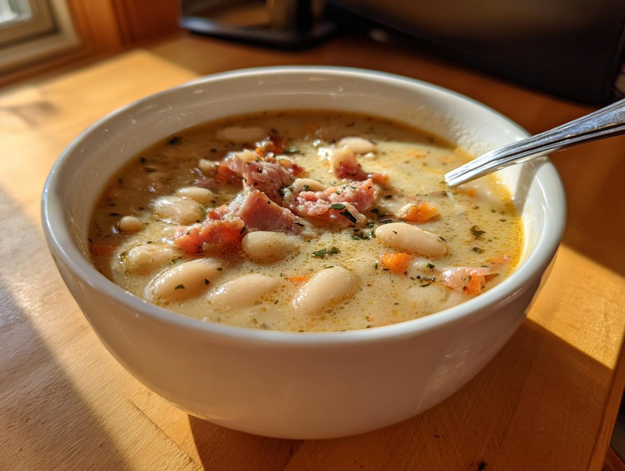 A close-up of a hearty bowl of creamy white bean and ham soup, garnished with herbs.