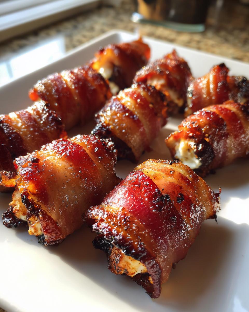 A plate of perfectly cooked, crispy bacon-wrapped dates appetizer with a creamy filling visible.