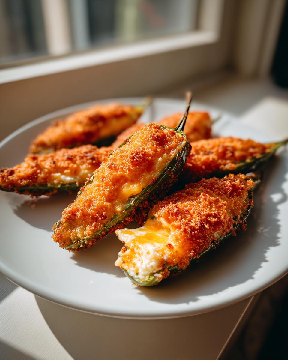 A plate of golden brown, crispy baked jalapeño poppers stuffed with melted cheese.