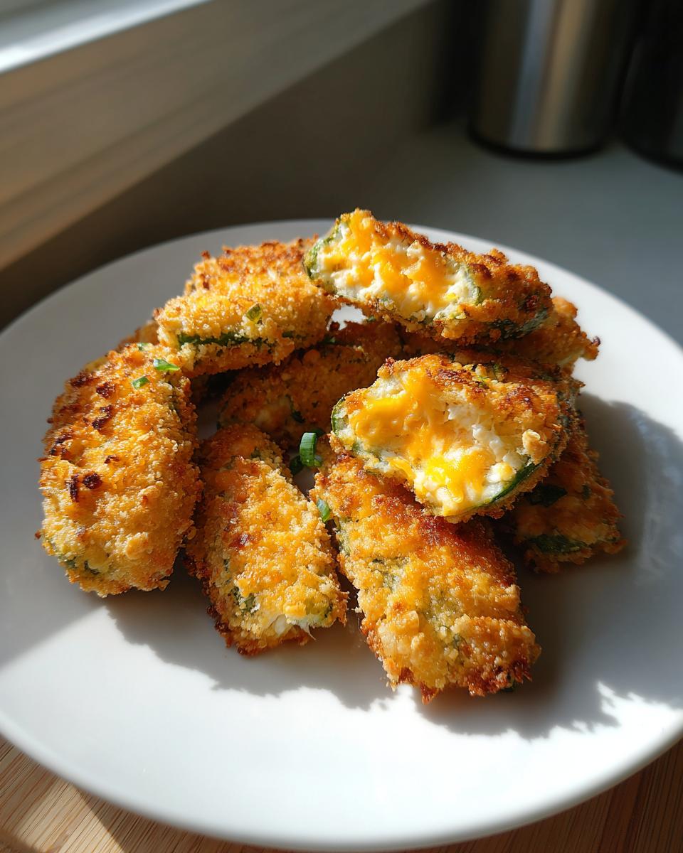 A plate of crispy, golden-brown baked jalapeño poppers, one cut open showing the melted cheese filling.