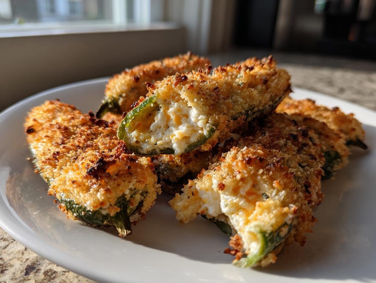 A plate of golden brown, crispy baked jalapeño poppers stuffed with creamy cheese filling.