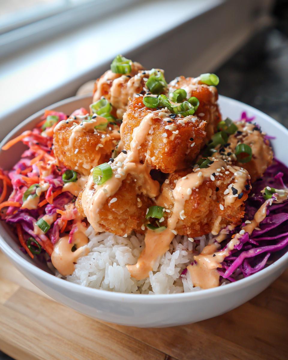 Close-up of a Bang Bang Salmon Bowls featuring crispy salmon bites over rice, topped with creamy sauce, slaw, and green onions.