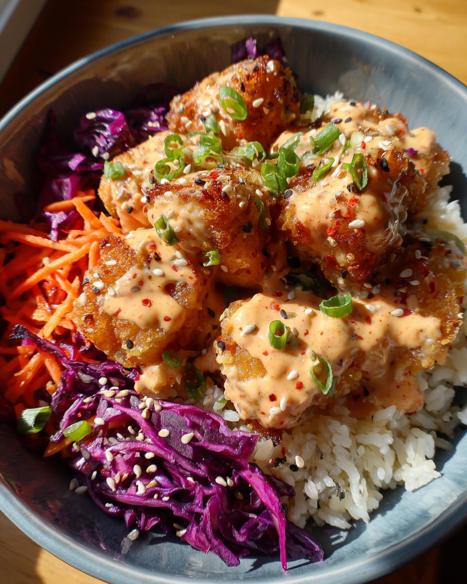 Close-up of a vibrant Bang Bang Salmon Bowls featuring crispy salmon pieces drizzled with sauce over rice and shredded vegetables.
