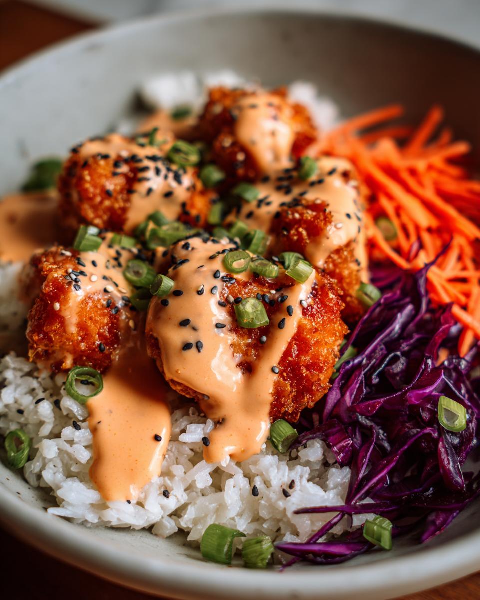Close-up of crispy fried salmon pieces drizzled with orange sauce in a bowl of rice, topped with sesame seeds and green onions, part of a Bang bang salmon bowls recipe.