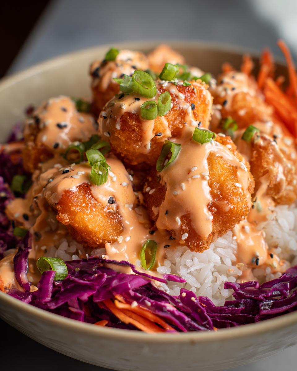 Close-up of crispy salmon bites drizzled with orange sauce and green onions in a Bang Bang Salmon Bowls.