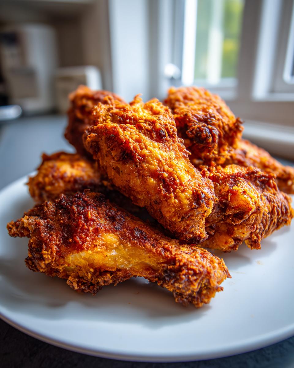 A close-up of several perfectly cooked, crispy chicken wings piled on a white plate.