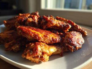 A close-up of a pile of golden-brown, crispy chicken wings glistening under sunlight.