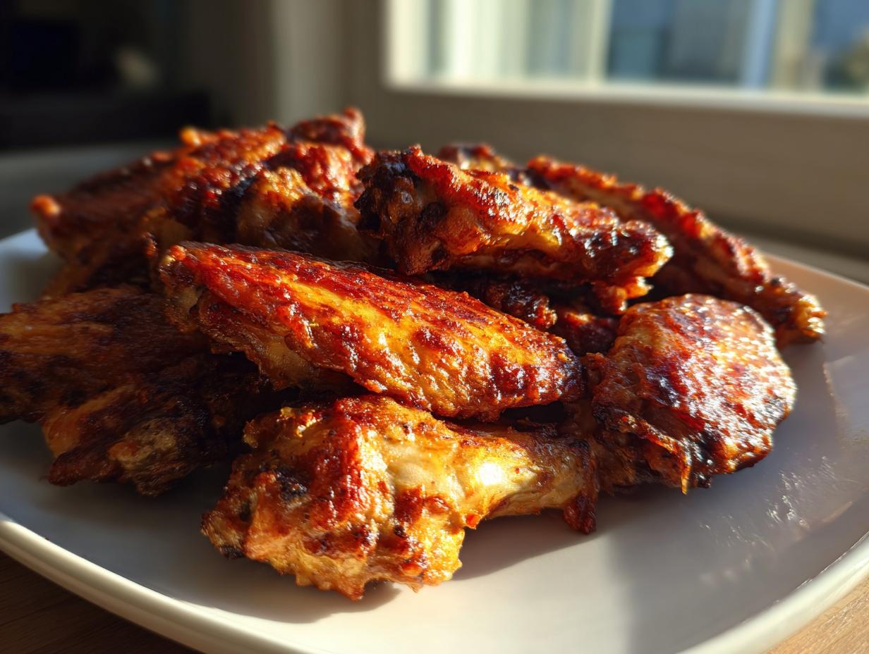 A close-up of a pile of golden-brown, crispy chicken wings glistening under sunlight.