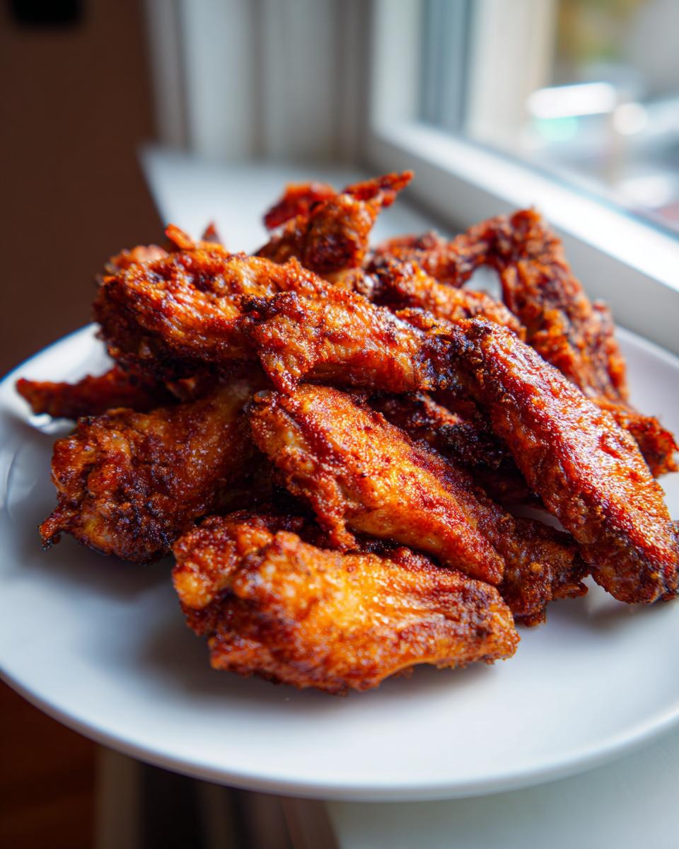 A close-up of a pile of perfectly crispy, reddish-brown chicken wings served on a white plate near a window.