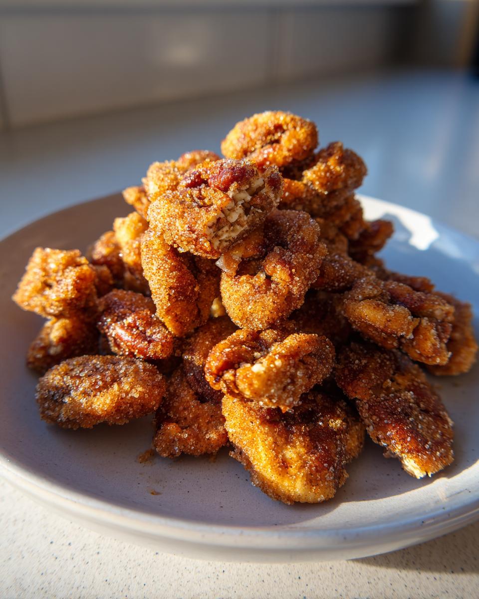 A close-up of a pile of freshly made, crispy cinnamon sugar pecans glistening with sugar coating.