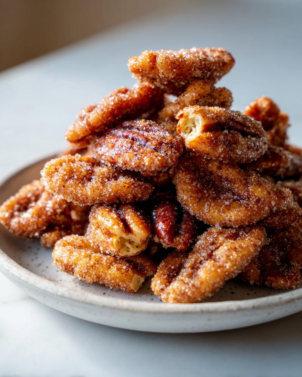 Close-up of a mound of crispy cinnamon sugar pecans coated heavily in sparkling sugar mixture.