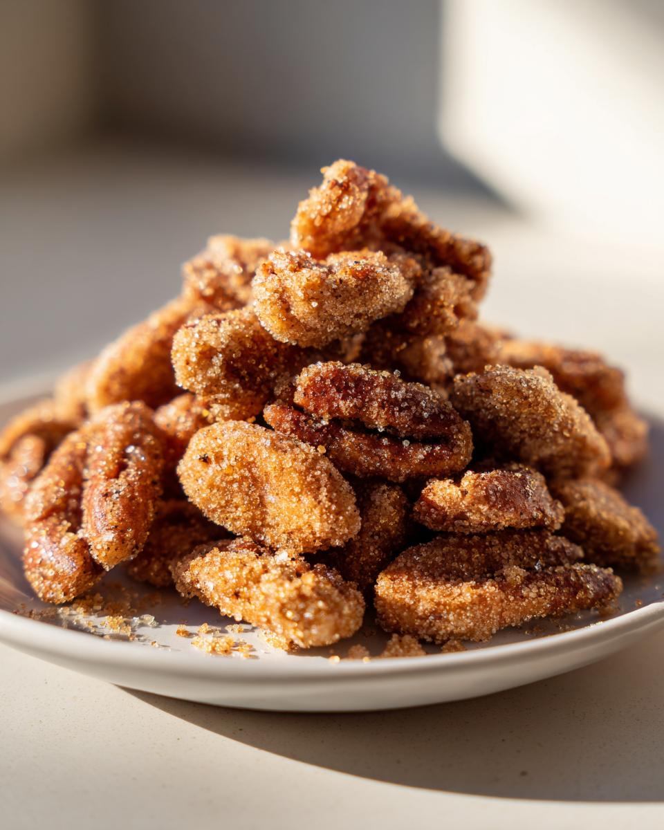 A close-up, sunlit pile of crispy cinnamon sugar pecans coated heavily in sparkling sugar crystals on a white plate.