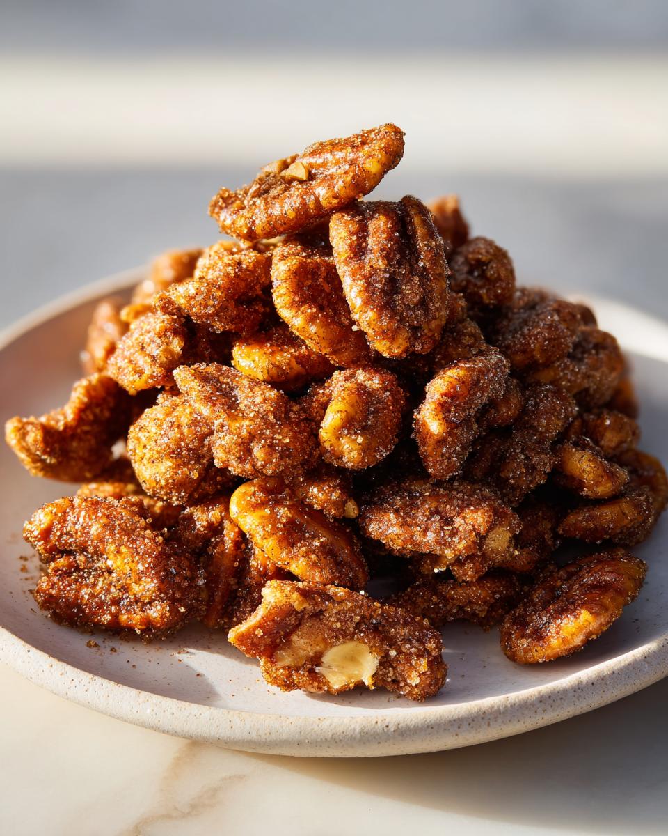 Close-up of a mound of crispy cinnamon sugar pecans coated in sparkling sugar and spice, piled on a light ceramic plate.