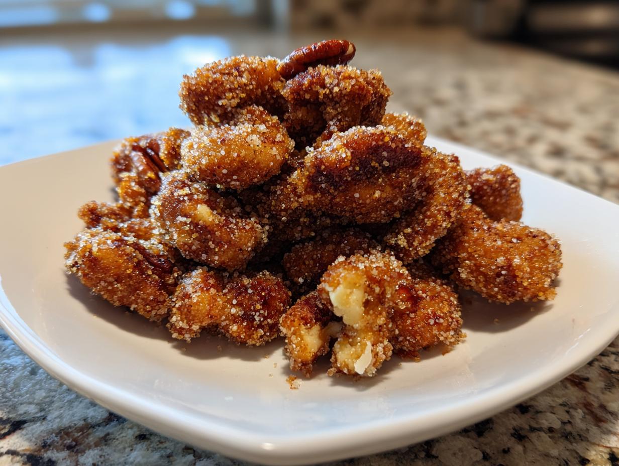 A close-up of a mound of crispy cinnamon sugar pecans coated heavily in sparkling sugar, served on a white dish.