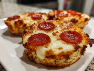 Close-up of three crispy English muffin pizza bites topped with melted cheese and pepperoni slices.