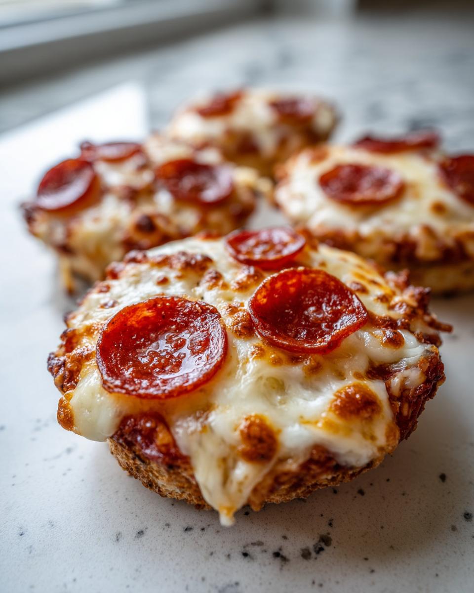 Close-up of a perfectly melted and browned pepperoni english muffin pizza, showing gooey cheese.