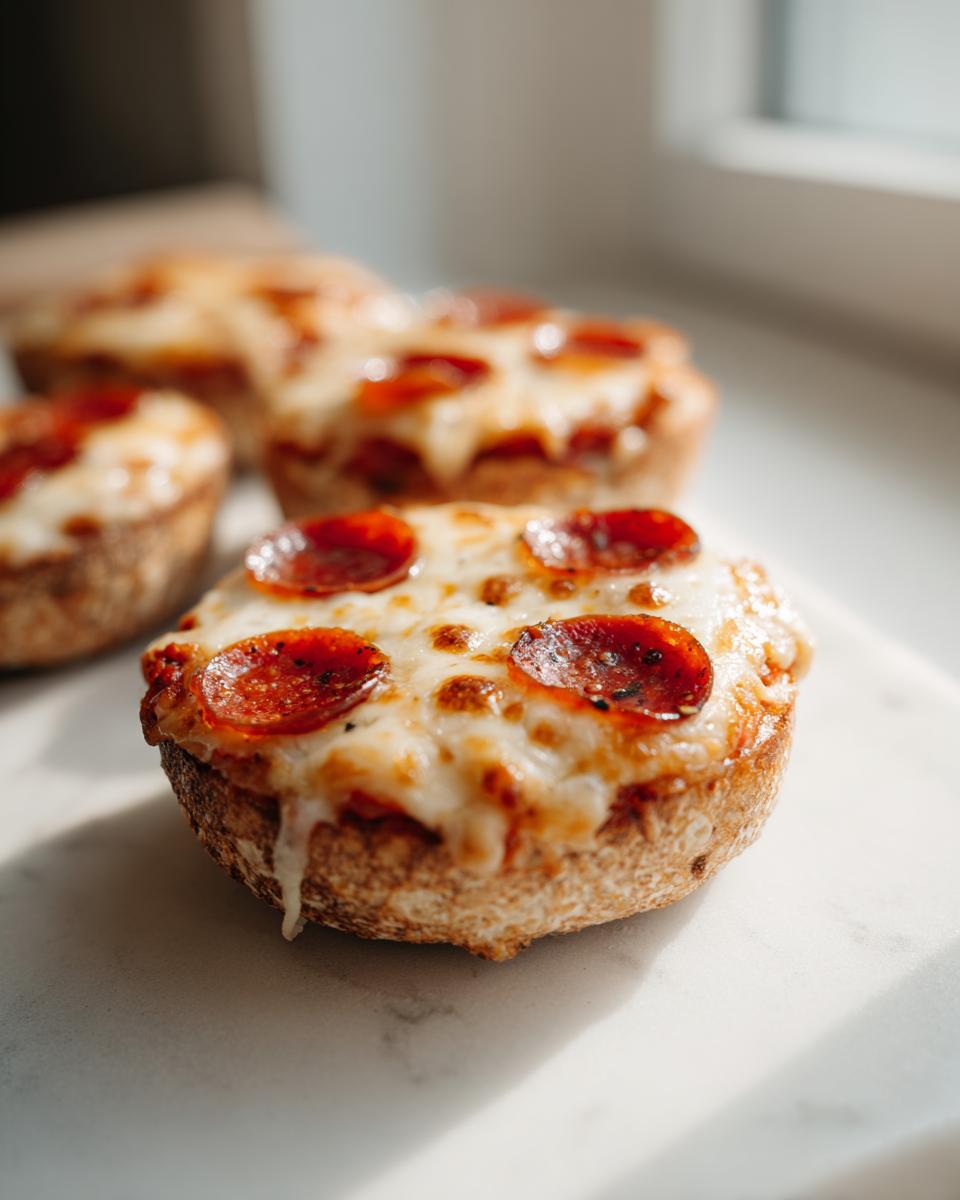 Close-up of a crispy English muffin pizza topped with melted mozzarella cheese and pepperoni slices.