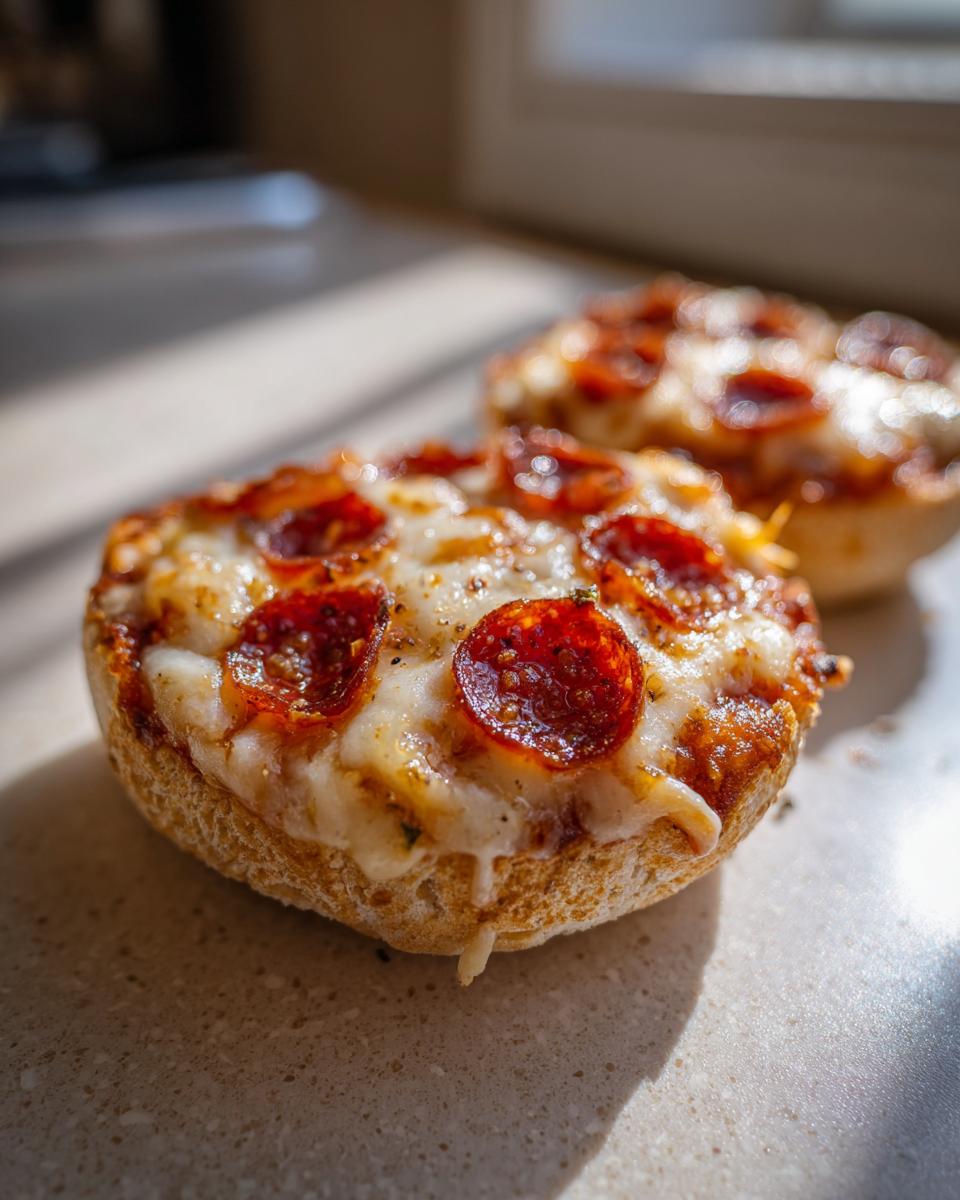 A close-up, sunlit shot of a crispy english muffin pizza topped with melted cheese and pepperoni slices.