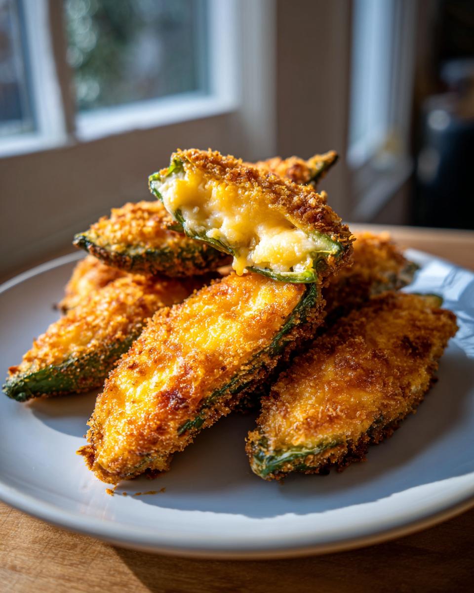 A stack of crispy, golden-brown jalapeño poppers, one split open showing melted cheese filling.