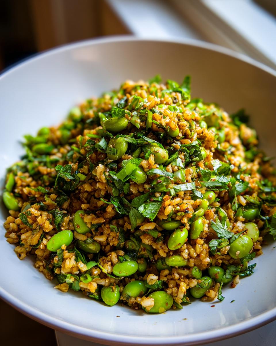 Close-up of a bowl filled with crispy rice salad mixed generously with bright green edamame beans and fresh chopped herbs.