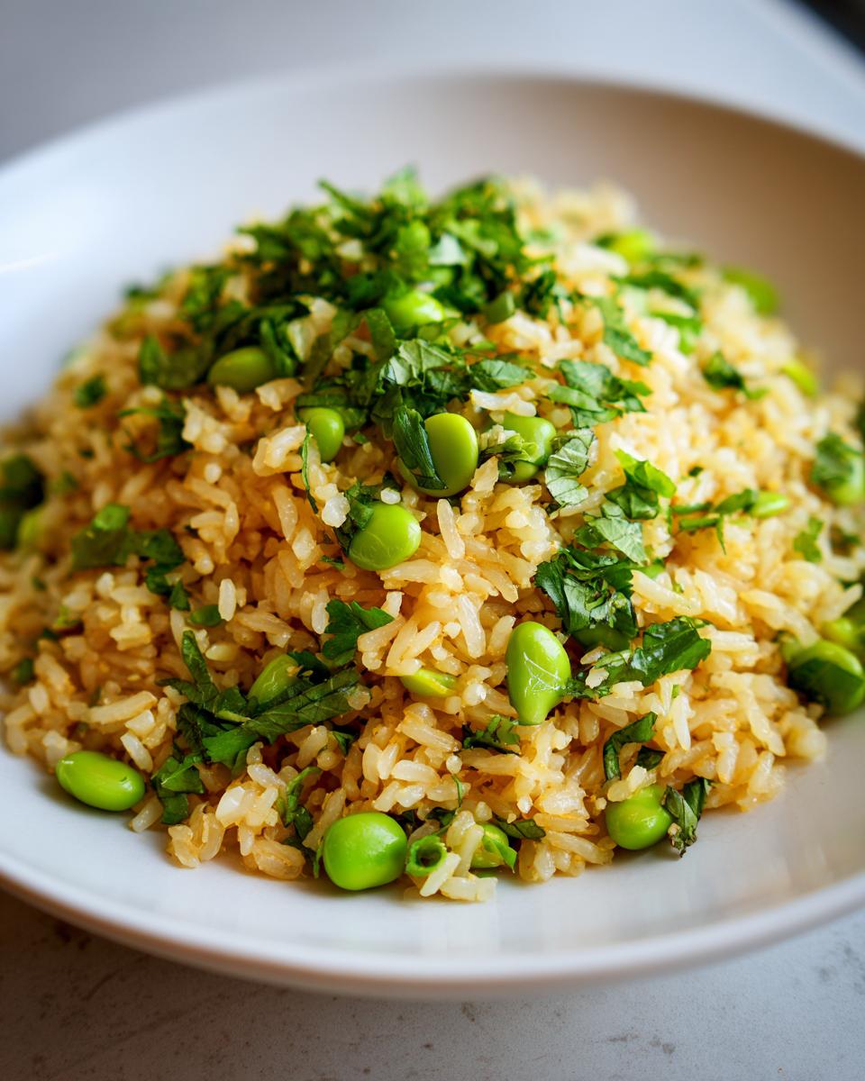 Close-up of a mound of crispy rice salad mixed with bright green edamame and fresh chopped herbs.