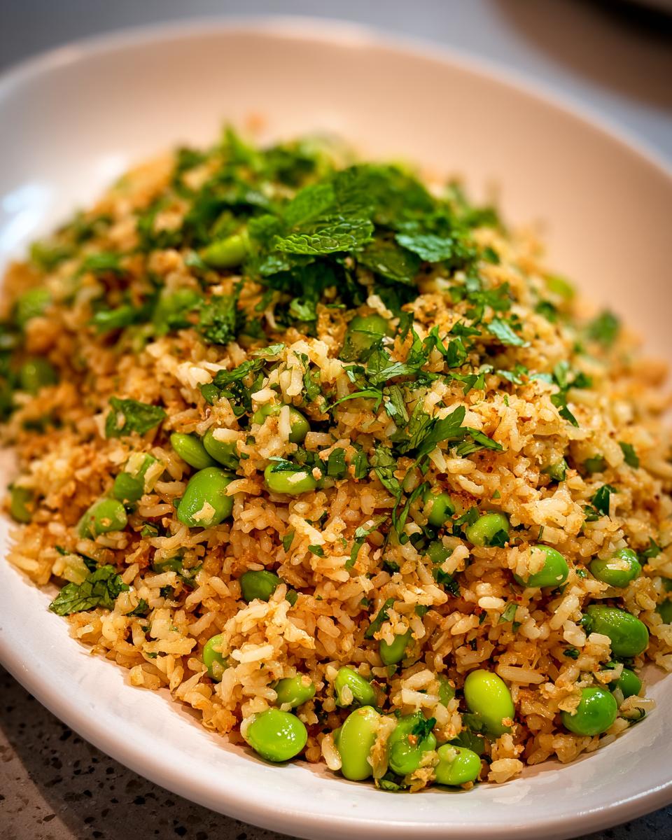 A close-up shot of a serving of crispy rice salad mixed with bright green edamame and topped with fresh mint.