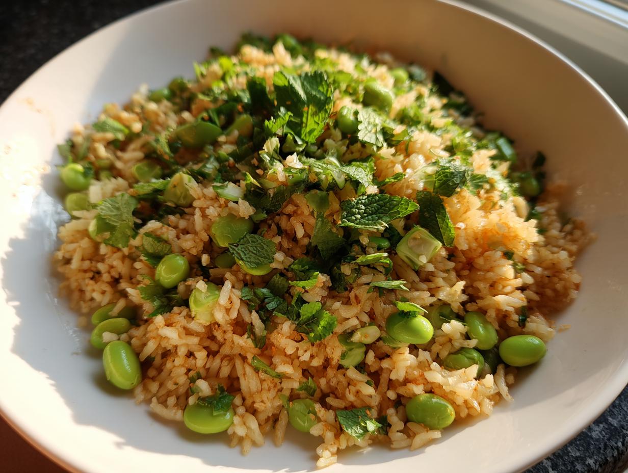 Close-up of a white bowl filled with golden brown crispy rice salad mixed with bright green edamame and fresh mint.