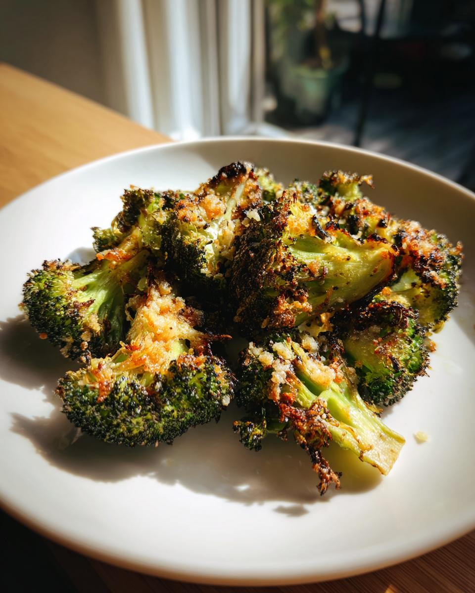 Close-up of perfectly roasted and crispy smashed broccoli florets seasoned with cheese, served on a white plate.