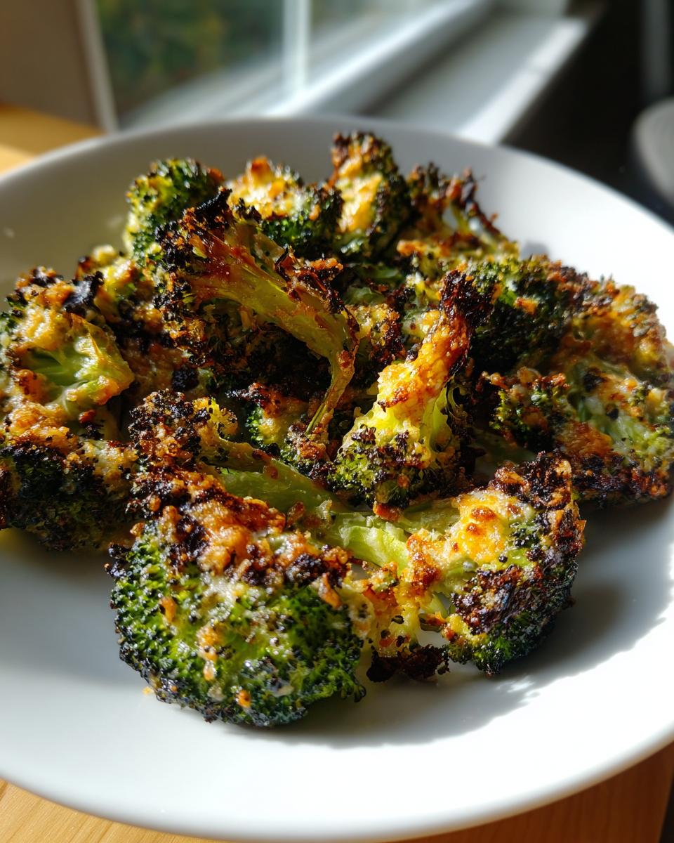 Close-up of perfectly roasted, crispy smashed broccoli florets with browned, cheesy edges served on a white plate.