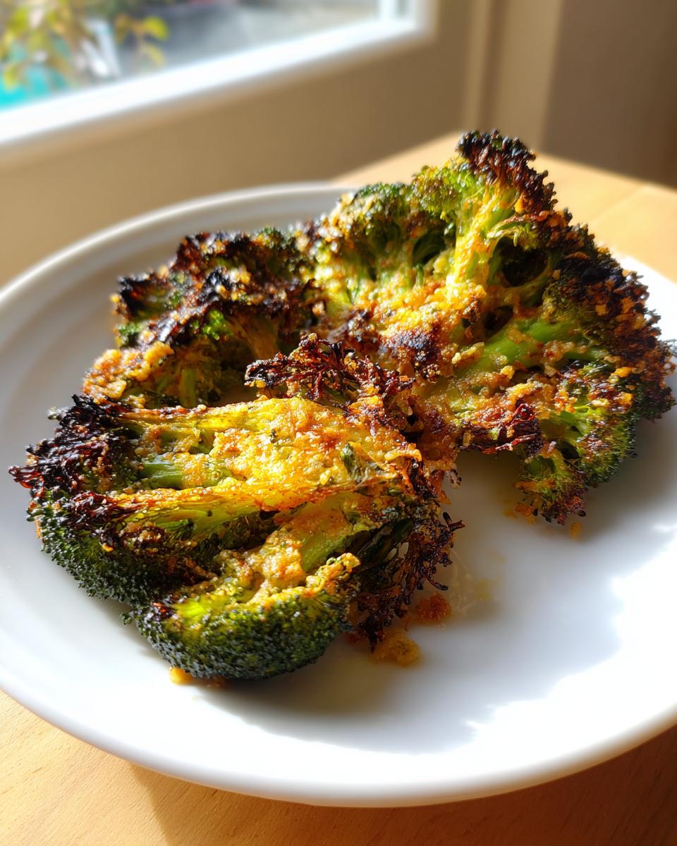Close-up of perfectly roasted, crispy smashed broccoli florets with a golden crust served on a white plate.
