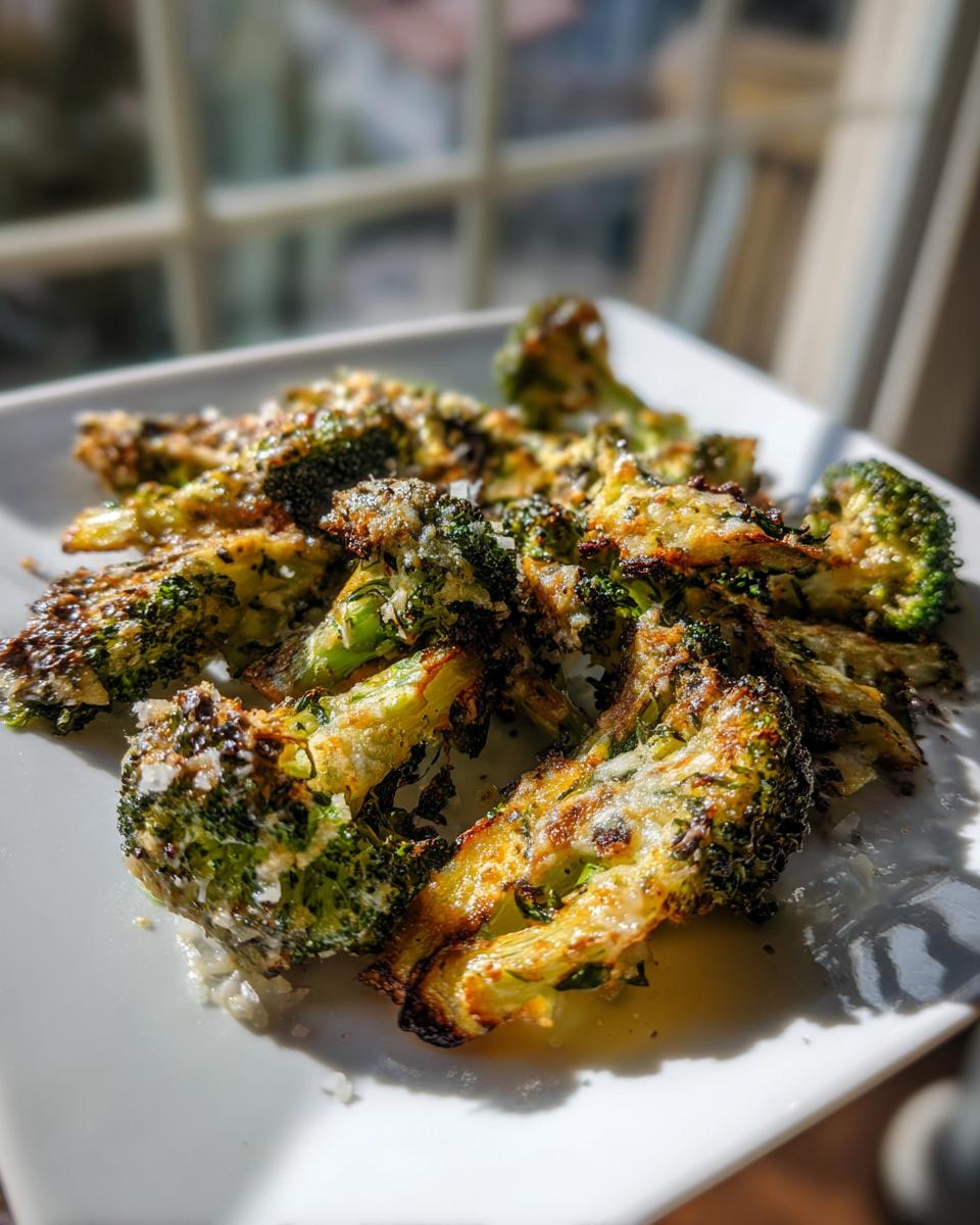 Close-up of crispy, roasted smashed broccoli florets sprinkled with cheese on a white serving plate.