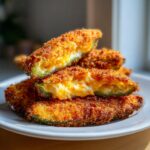 Close-up of crispy, golden-brown Jalapeño poppers stacked on a white plate, showing the melted cheese filling inside.