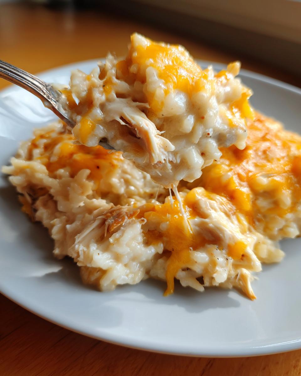 A fork lifts a bite of creamy crock pot chicken and rice topped with melted cheddar cheese.