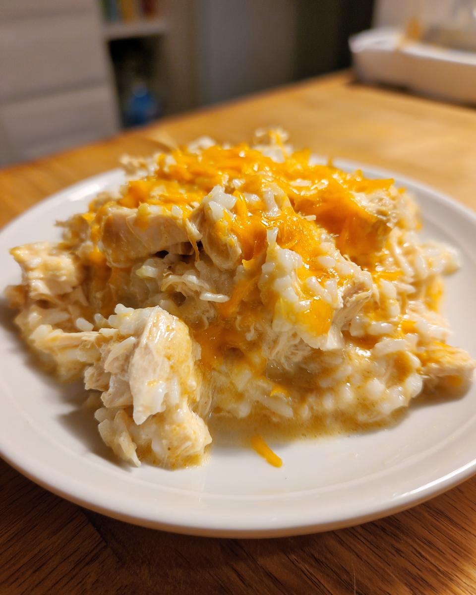A close-up of a serving of creamy crock pot chicken and rice topped with melted shredded cheddar cheese on a white plate.