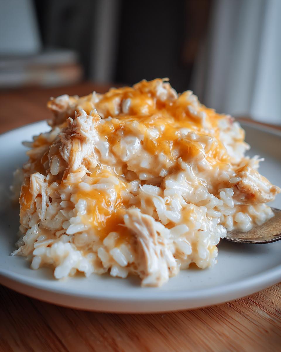 Close-up of a creamy serving of crock pot chicken and rice topped with melted cheddar cheese on a white plate.