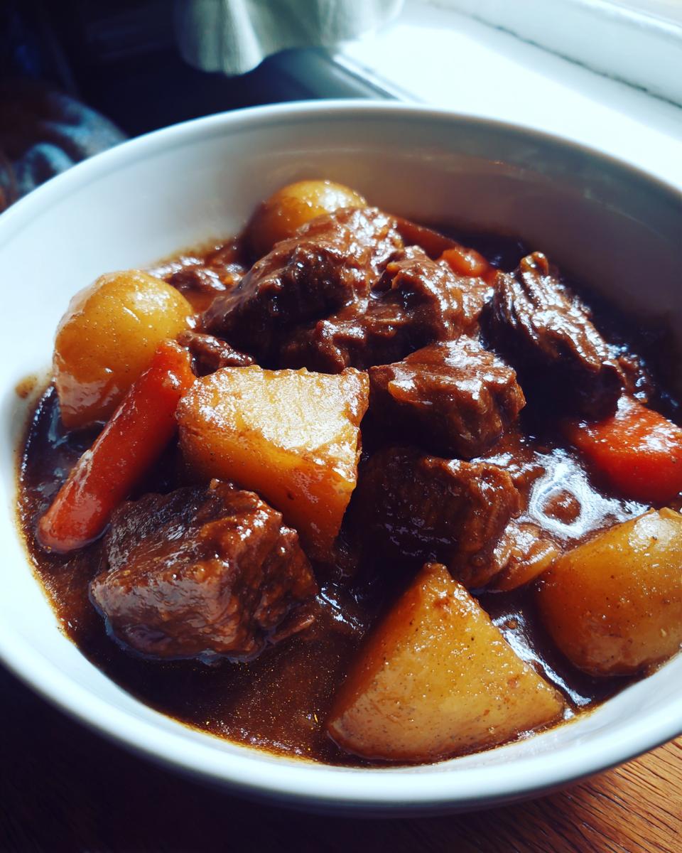 Close-up of tender beef chunks, potatoes, and carrots in a rich gravy from the crockpot beef stew.