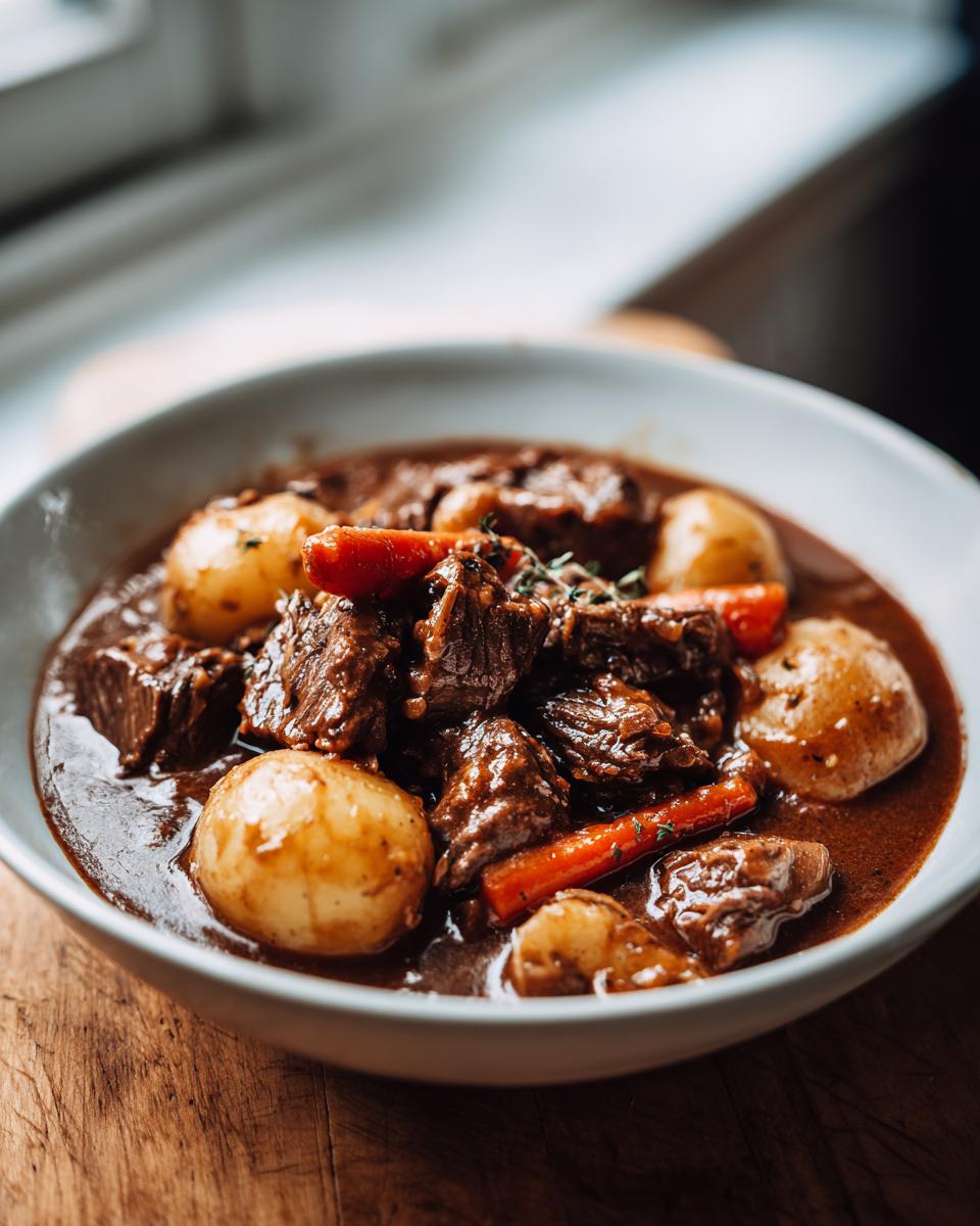 Close-up of a bowl of rich crockpot beef stew featuring tender beef chunks, small potatoes, and carrots in a dark gravy.
