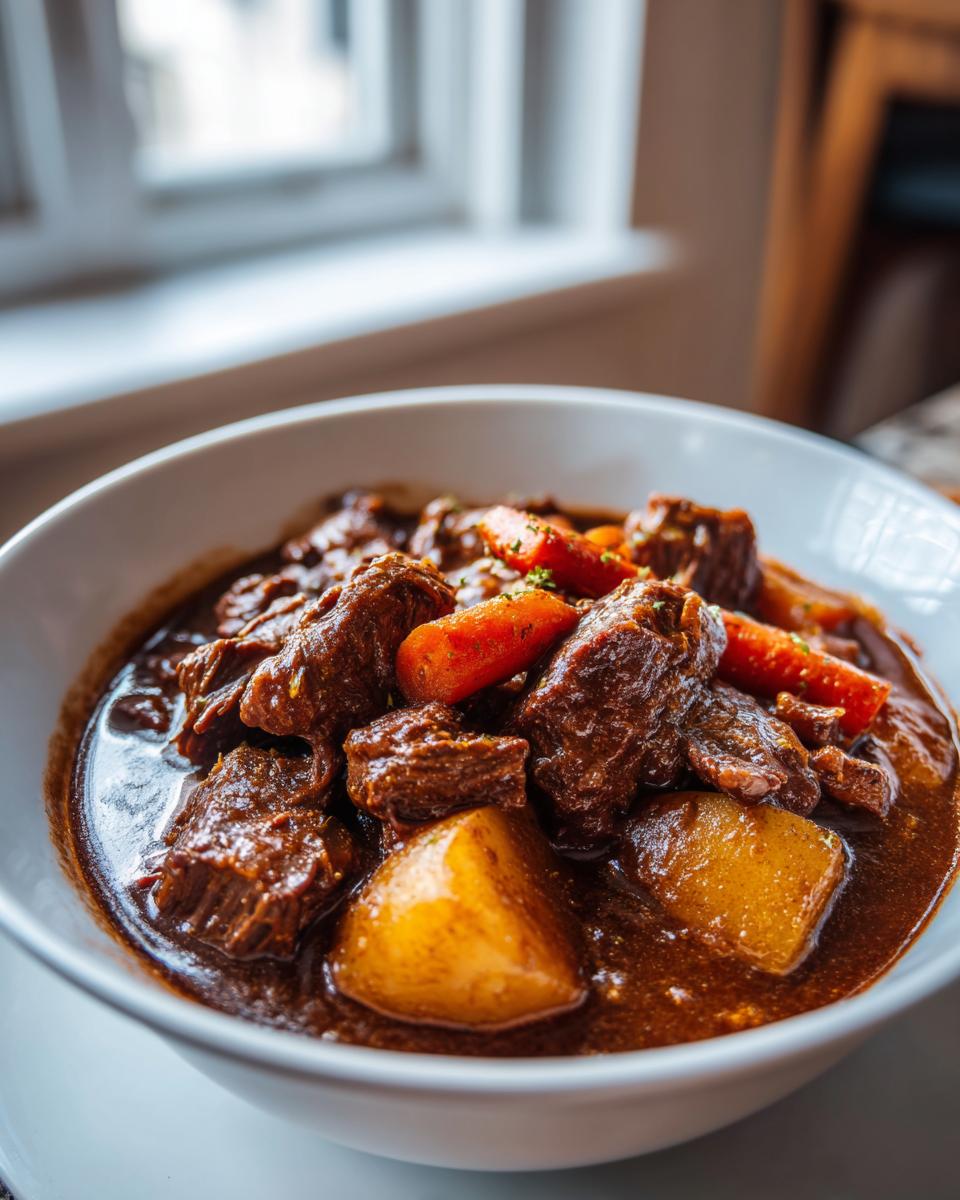 Close-up of a rich, dark bowl of crockpot beef stew featuring tender beef chunks, bright carrots, and golden potatoes.