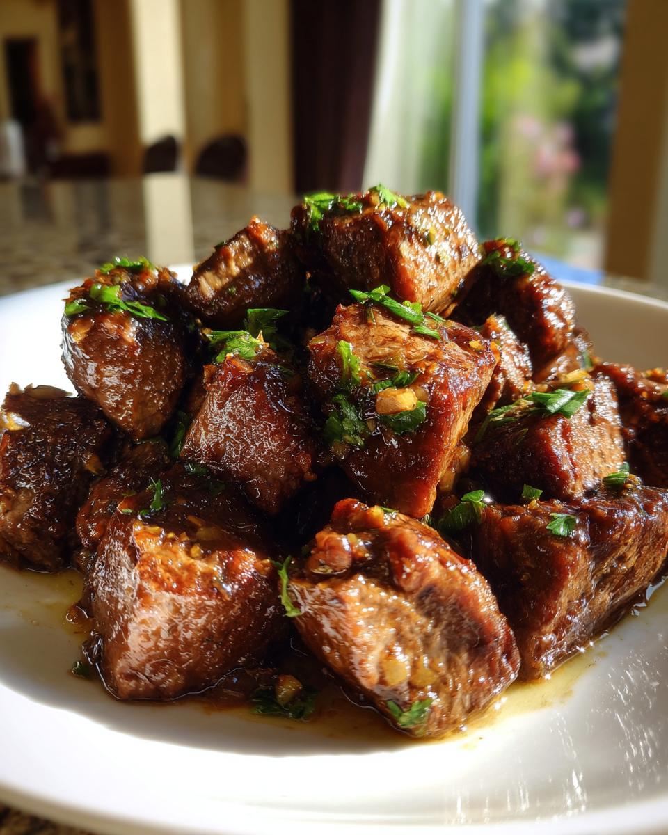 A close-up of tender, glazed crockpot steak bites piled on a white plate and sprinkled with fresh green herbs.