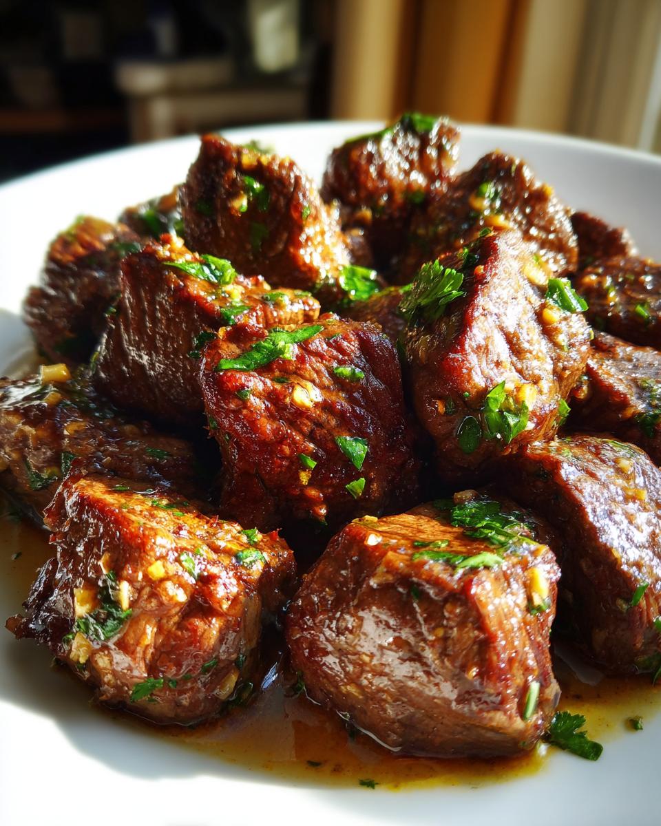 Close-up of tender crockpot steak bites coated in a savory sauce and sprinkled with fresh parsley.