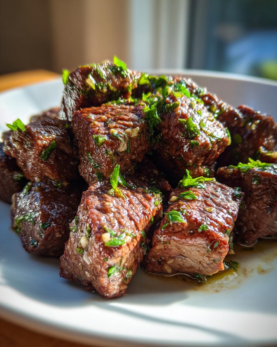 Close-up of tender crockpot steak bites coated in a glossy garlic and herb sauce, served on a white plate.