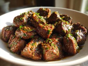 Close-up of tender, browned crockpot steak bites coated in a savory sauce and sprinkled with fresh parsley.