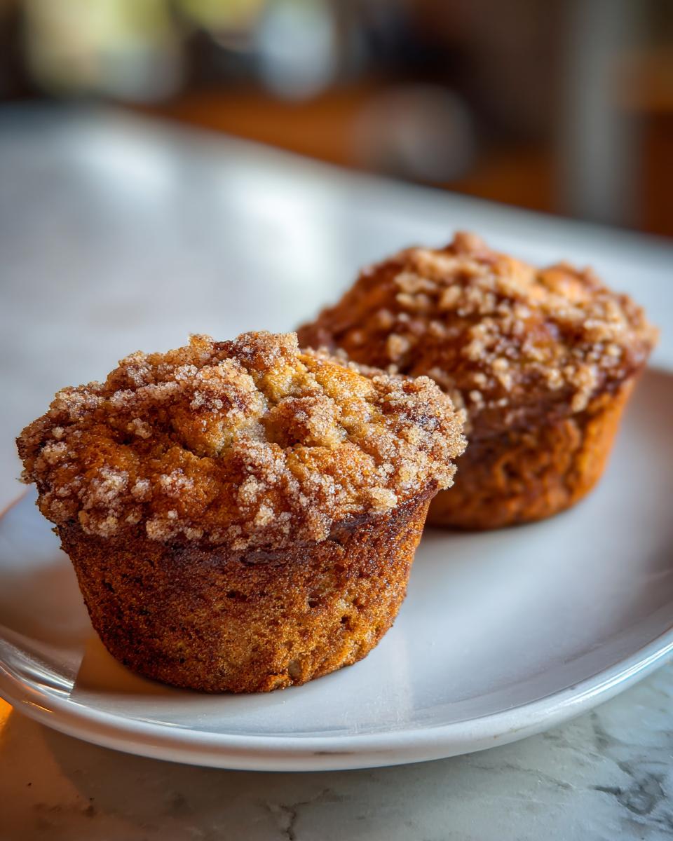 Two golden brown oatmeal muffins with a thick, sugary crumb topping resting on a white plate.