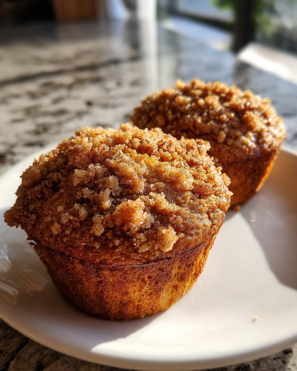 Two golden brown oatmeal muffins with thick, sugary cinnamon crumb topping resting on a white plate.